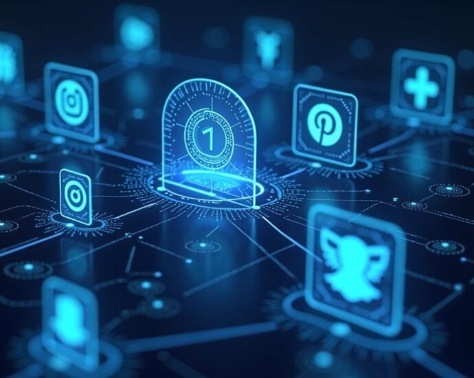 Abstract network graphic showing social media icons connected to a central node displaying the number one. | Cyberinsure.sg