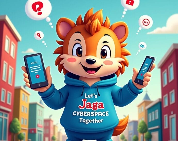 Friendly cartoon hedgehog holding smartphones, promoting online safety. Text reads "Let's Jaga CYBERSPACE Together. | Cyberinsure.sg