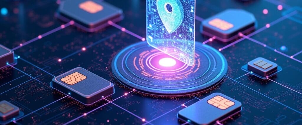 SIM card with location pin on futuristic circuit board | Cyberinsure.sg