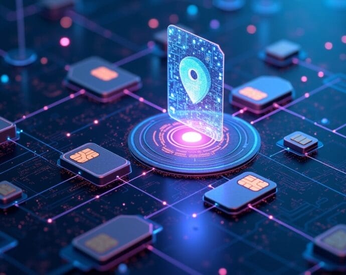 SIM card with location pin on futuristic circuit board | Cyberinsure.sg