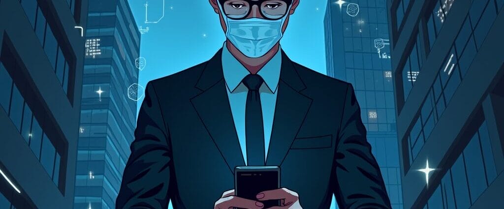 Businessman in a suit wearing a mask, using a smartphone in a digital cityscape, reflecting the future of business technology. | Cyberinsure.sg