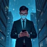 Businessman in a suit wearing a mask, using a smartphone in a digital cityscape, reflecting the future of business technology. | Cyberinsure.sg