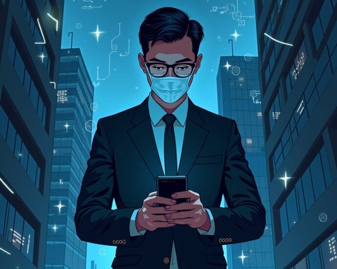 Businessman in a suit wearing a mask, using a smartphone in a digital cityscape, reflecting the future of business technology. | Cyberinsure.sg