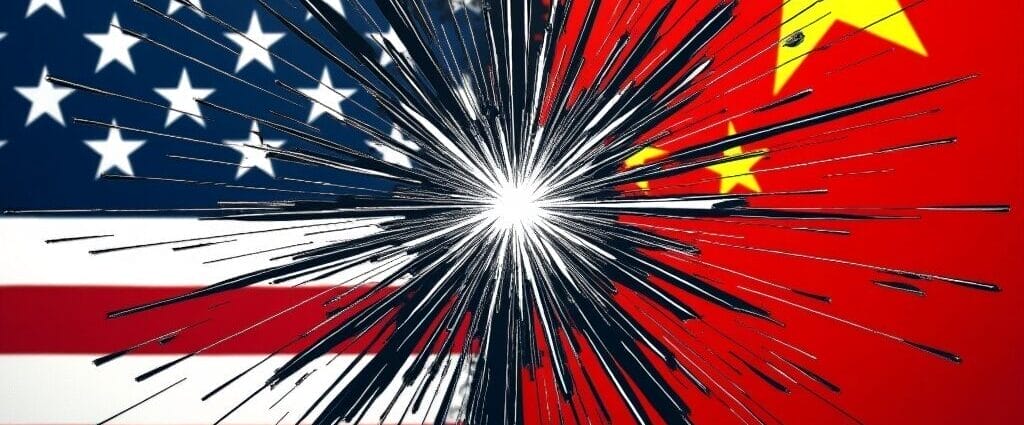US and China flags with exploding fireworks representing conflict and tension between the two nations. | Cyberinsure.sg
