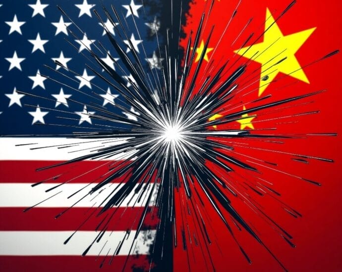 US and China flags with exploding fireworks representing conflict and tension between the two nations. | Cyberinsure.sg