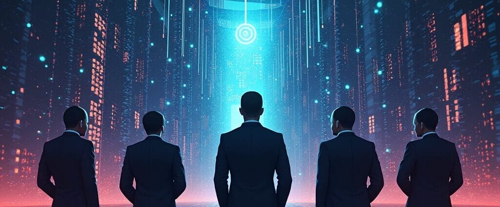 Five businessmen stand facing a futuristic digital gateway. | Cyberinsure.sg