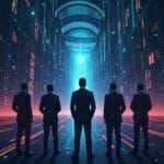 Five businessmen stand facing a futuristic digital gateway. | Cyberinsure.sg