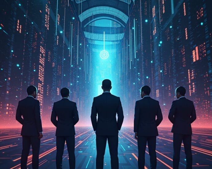 Five businessmen stand facing a futuristic digital gateway. | Cyberinsure.sg