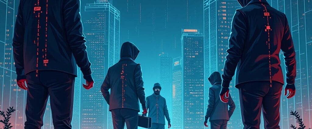Hooded figures in a futuristic city, representing cybercrime and data security risks. | Cyberinsure.sg