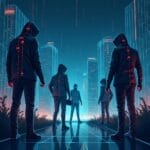 Hooded figures in a futuristic city, representing cybercrime and data security risks. | Cyberinsure.sg