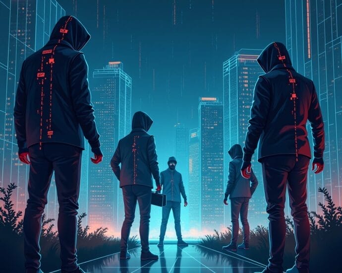 Hooded figures in a futuristic city, representing cybercrime and data security risks. | Cyberinsure.sg