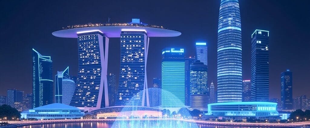 Futuristic city skyline at night with glowing fountain and modern architecture. | Cyberinsure.sg