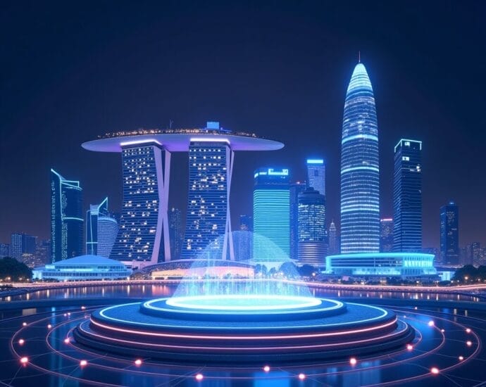 Futuristic city skyline at night with glowing fountain and modern architecture. | Cyberinsure.sg