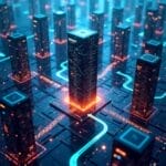 Awazon server tower with code, surrounded by network nodes and data streams. | Cyberinsure.sg