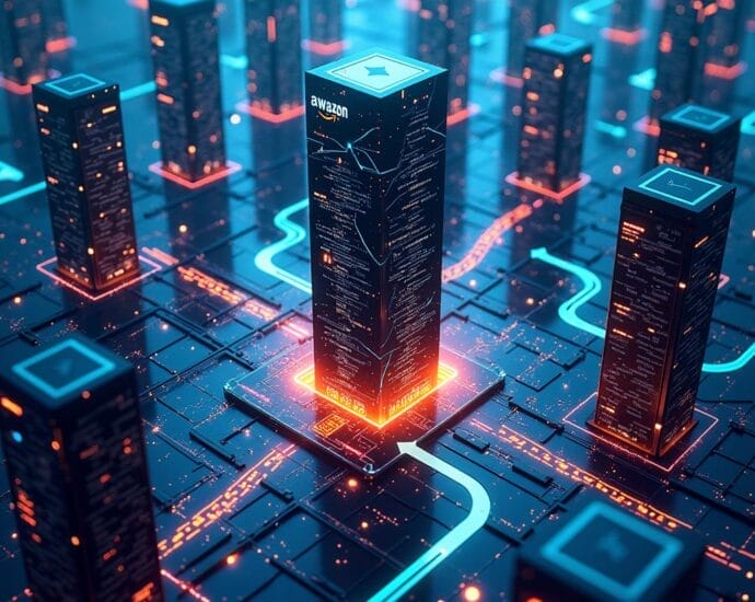 Awazon server tower with code, surrounded by network nodes and data streams. | Cyberinsure.sg