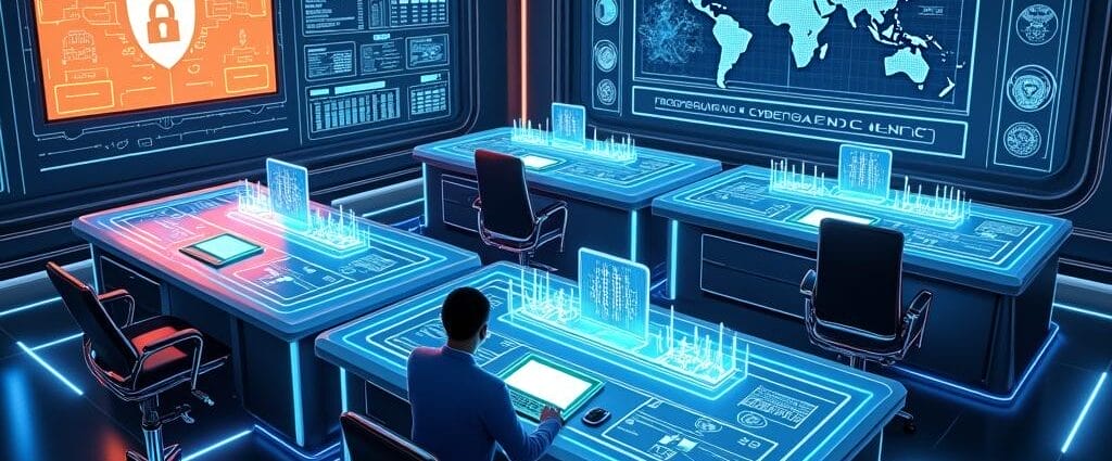 Cybersecurity command center with digital displays, desks, and a world map for threat monitoring. | Cyberinsure.sg