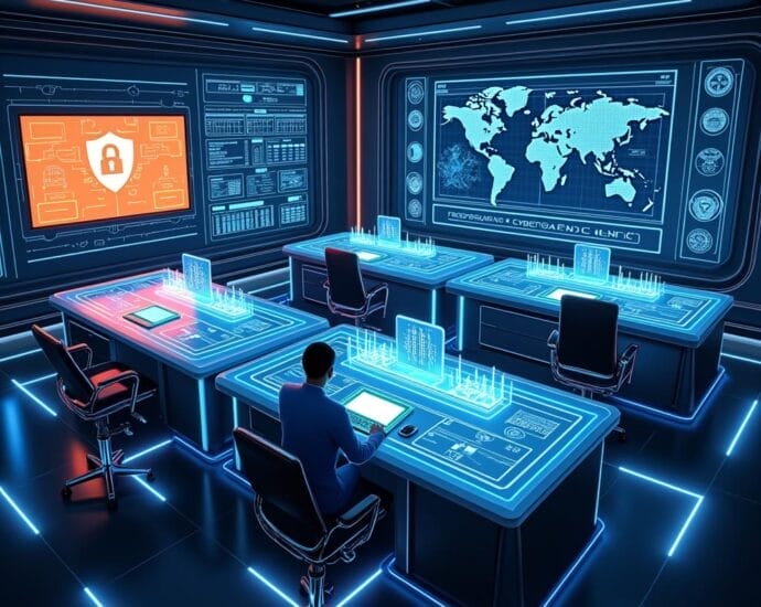 Cybersecurity command center with digital displays, desks, and a world map for threat monitoring. | Cyberinsure.sg