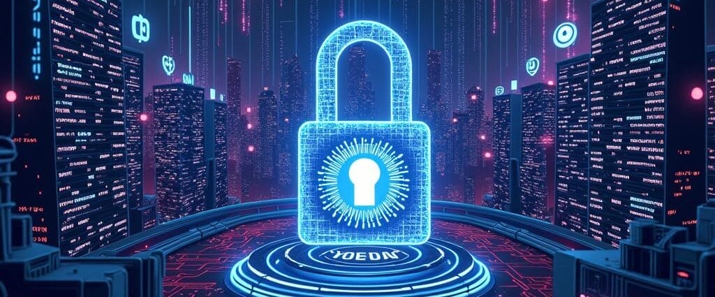Cybersecurity concept: Glowing padlock over a futuristic city with data streams. | Cyberinsure.sg