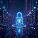 Cybersecurity concept: Glowing padlock over a futuristic city with data streams. | Cyberinsure.sg