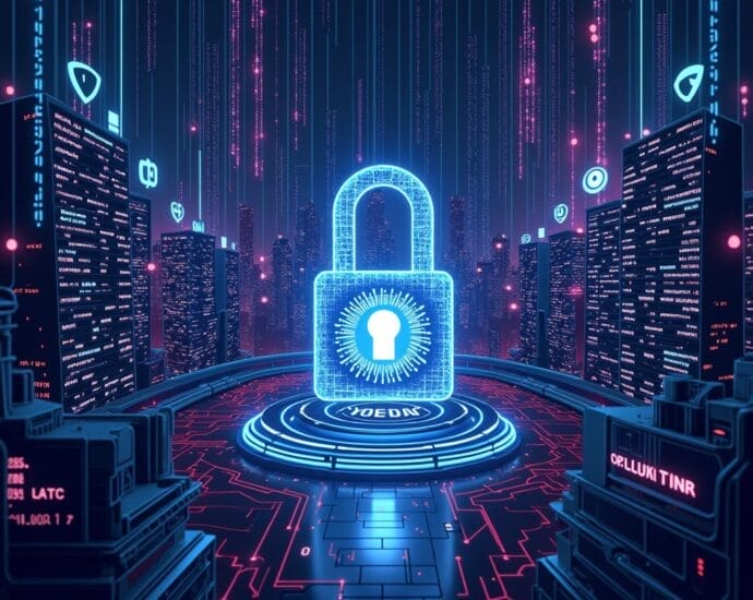 Cybersecurity concept: Glowing padlock over a futuristic city with data streams. | Cyberinsure.sg