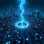 Abstract depiction of a smart city powered by data and technology infrastructure, with a central energy source | Cyberinsure.sg