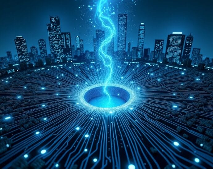 Abstract depiction of a smart city powered by data and technology infrastructure, with a central energy source | Cyberinsure.sg