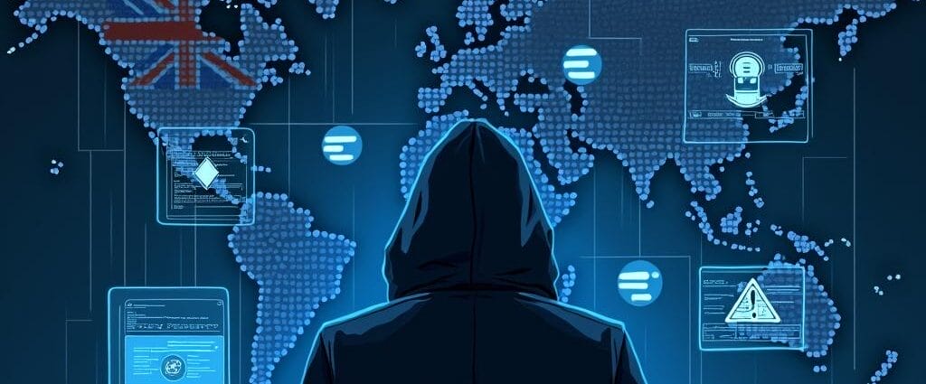 Hacker in hoodie at computer, global cyber security threat with UK flag on map. | Cyberinsure.sg