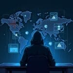 Hacker in hoodie at computer, global cyber security threat with UK flag on map. | Cyberinsure.sg