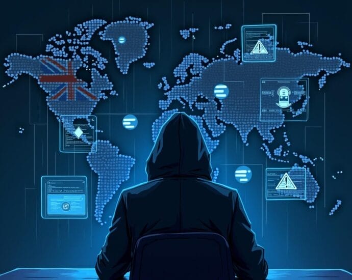 Hacker in hoodie at computer, global cyber security threat with UK flag on map. | Cyberinsure.sg