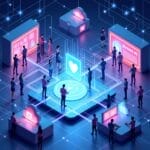Isometric view of people interacting with cloud computing infrastructure, including data security and AI elements. "Airront US" displayed. | Cyberinsure.sg
