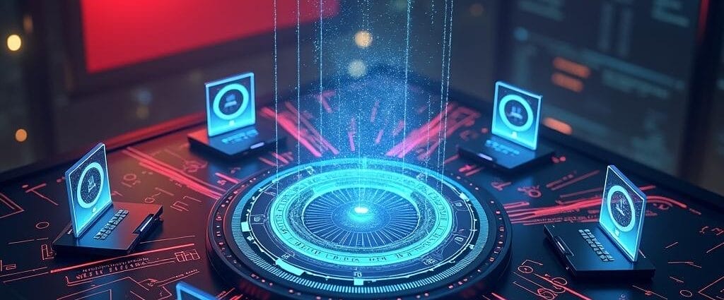 Cybersecurity concept: China flag behind laptops connected to a central digital hub, suggesting cyber activity. | Cyberinsure.sg