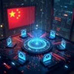 Cybersecurity concept: China flag behind laptops connected to a central digital hub, suggesting cyber activity. | Cyberinsure.sg