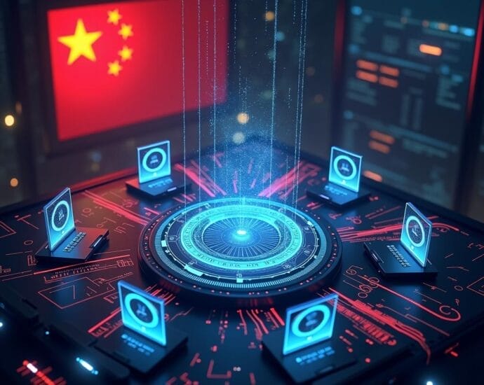 Cybersecurity concept: China flag behind laptops connected to a central digital hub, suggesting cyber activity. | Cyberinsure.sg