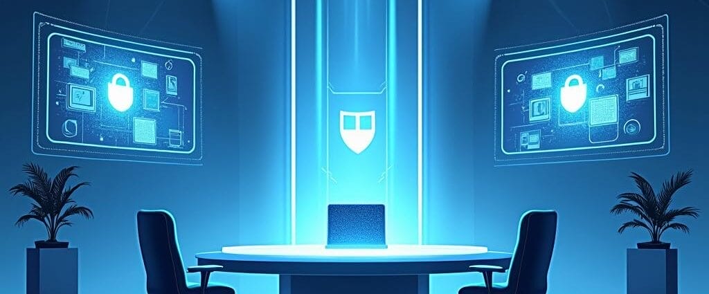 Futuristic cybersecurity command center with data protection displays. | Cyberinsure.sg