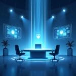 Futuristic cybersecurity command center with data protection displays. | Cyberinsure.sg