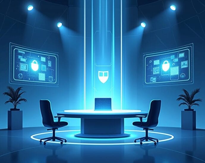 Futuristic cybersecurity command center with data protection displays. | Cyberinsure.sg