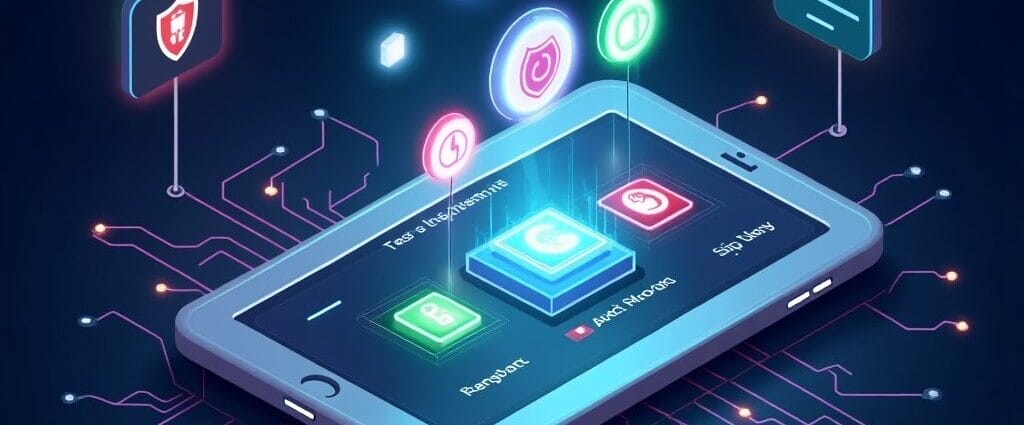 Isometric view of a smartphone with floating app icons, shield, and code. Tech concept. | Cyberinsure.sg
