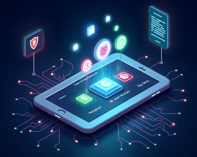 Isometric view of a smartphone with floating app icons, shield, and code. Tech concept. | Cyberinsure.sg