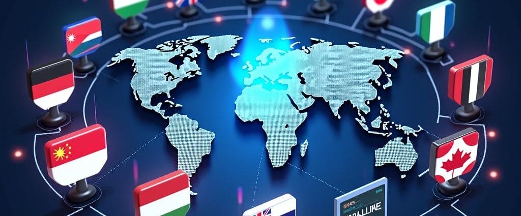 Global network: World map with country flags and a laptop displaying "ARALLINE | Cyberinsure.sg