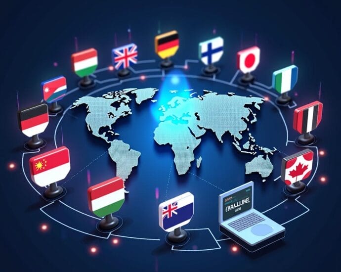 Global network: World map with country flags and a laptop displaying "ARALLINE | Cyberinsure.sg