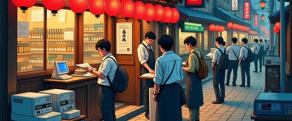 Japanese street food scene with red lanterns, izakaya restaurant, and people ordering. The sign says "Dewasake". | Cyberinsure.sg