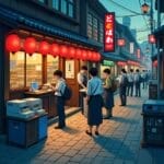 Japanese street food scene with red lanterns, izakaya restaurant, and people ordering. The sign says "Dewasake". | Cyberinsure.sg