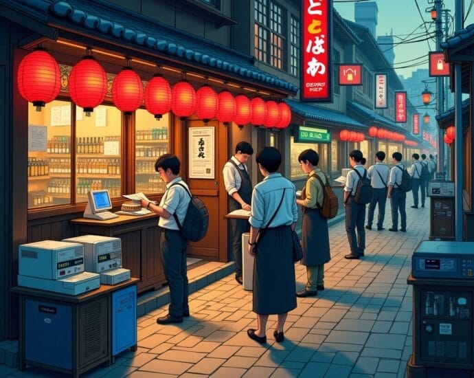 Japanese street food scene with red lanterns, izakaya restaurant, and people ordering. The sign says "Dewasake". | Cyberinsure.sg