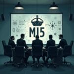 MI5 meeting in a dark room, with the MI5 logo and crown on the screen. | Cyberinsure.sg