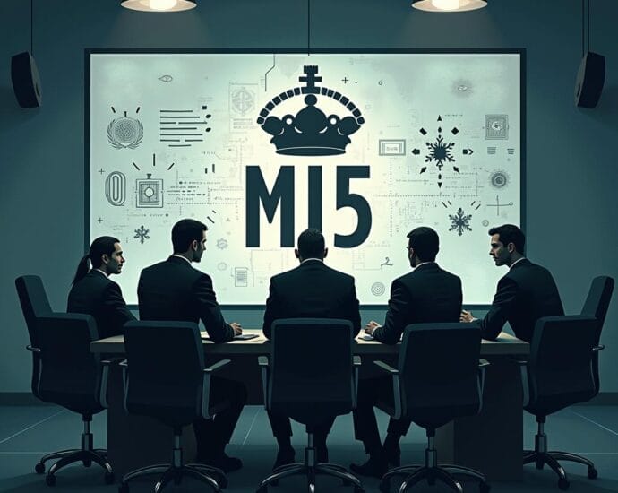 MI5 meeting in a dark room, with the MI5 logo and crown on the screen. | Cyberinsure.sg