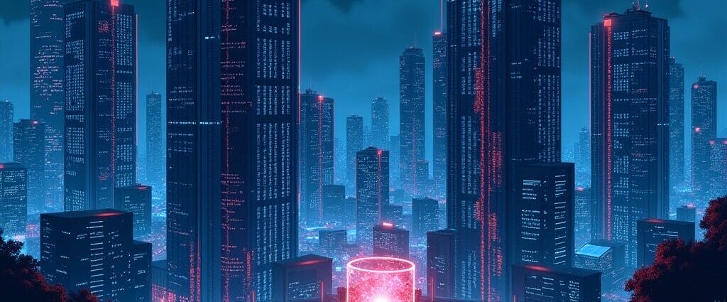 Futuristic cityscape with glowing skyscrapers and central neon-lit cylinder | Cyberinsure.sg