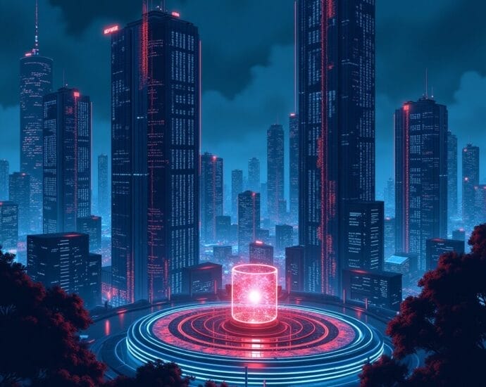 Futuristic cityscape with glowing skyscrapers and central neon-lit cylinder | Cyberinsure.sg
