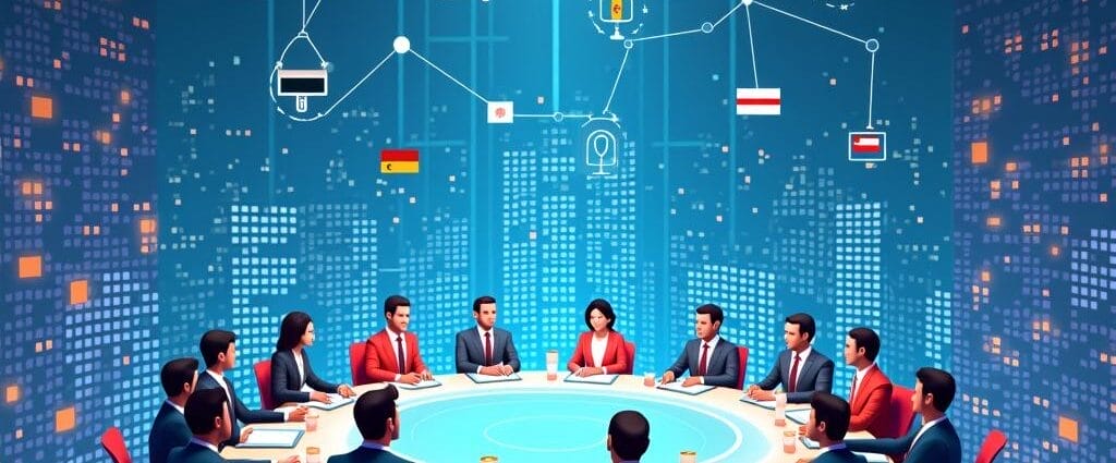 Global business meeting with world flags and tech connections displayed on screen. | Cyberinsure.sg