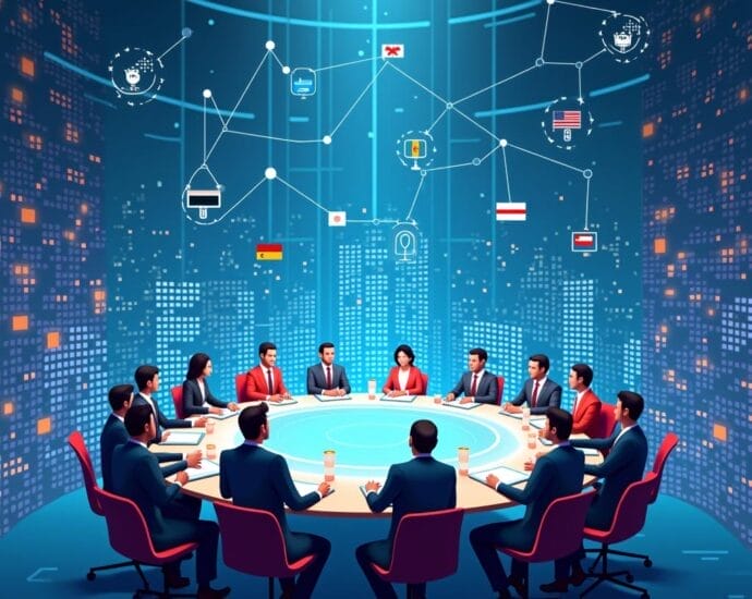 Global business meeting with world flags and tech connections displayed on screen. | Cyberinsure.sg