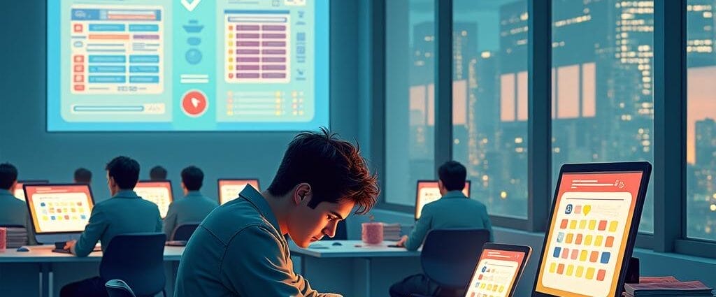 Team working late in a modern office with data dashboards and city views, focused on their computers. | Cyberinsure.sg